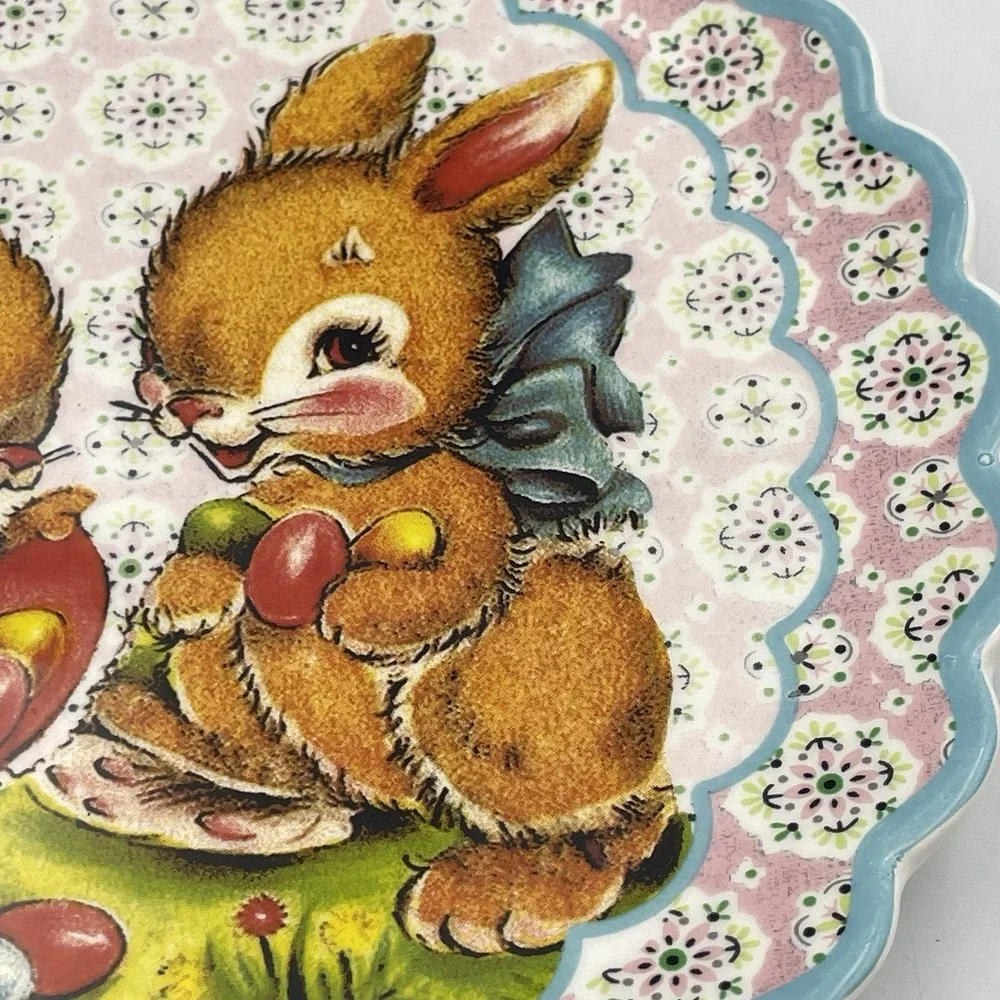 Mr Christmas Easter Bunny Ceramic Luncheon‎ Plate Scalloped Pink Blue 8